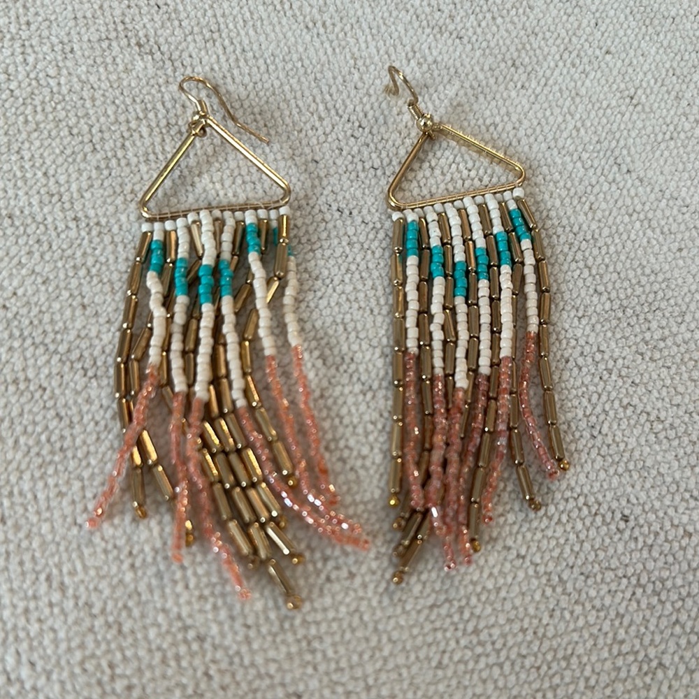 Gold and Pink Beaded Dangle Earrings